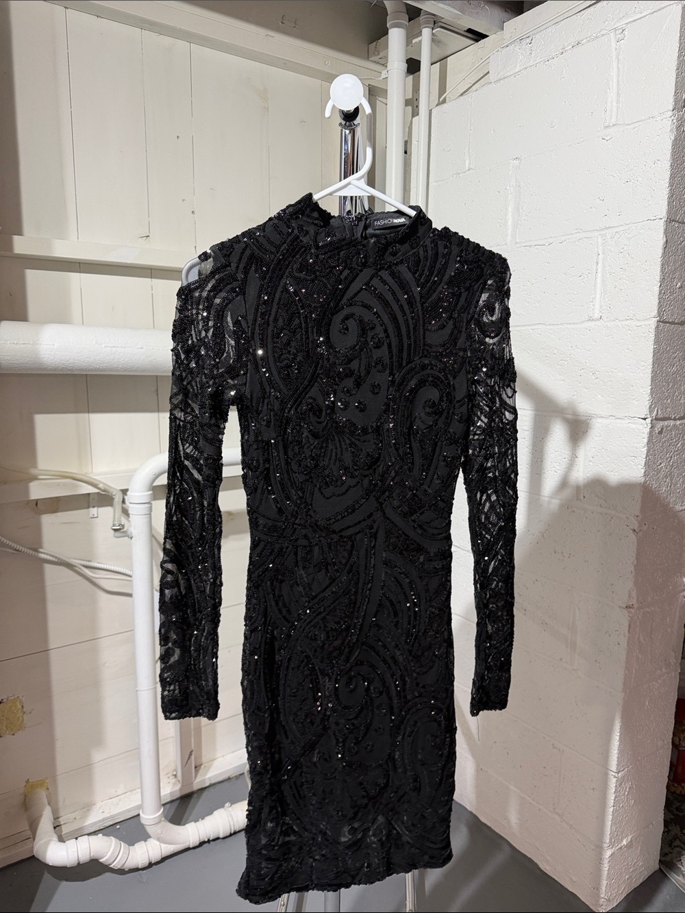 Fashion Nova Black Beaded Long Sleeve Cocktail Dress